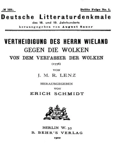 Vertheidigung des Herrn Wieland gegen die Wolken von Jakob Michael Reinhold Lenz, Buchcover