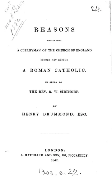 Reasons Wherefore a Clergyman of the Church of England Should Not Become a Roman Catholic by Henry Drummond, book cover