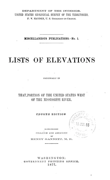 Lists of Elevations Principally in That Portion of the United States West of the Mississippi River by Henry Gannett, book cover