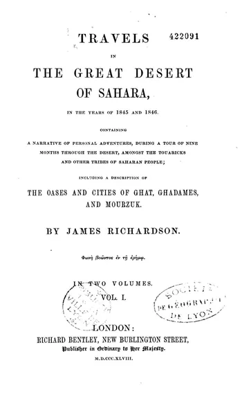 Travels in the Great Desert of Sahara, in the Years of 1845 and 1846 by James Richardson, book cover