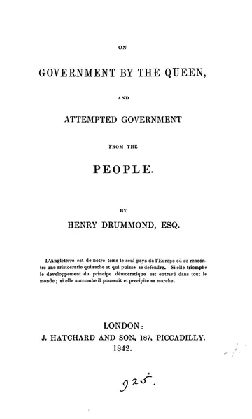 On Government by the Queen, and Attempted Government from the People by Henry Drummond, book cover