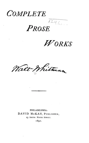 Complete Prose Works by Walt Whitman, book cover