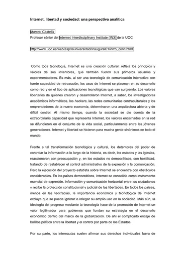 Internet, Libertad y Sociedad - Una Perspectiva Analítica de Manuel CASTELLS, portada del libro