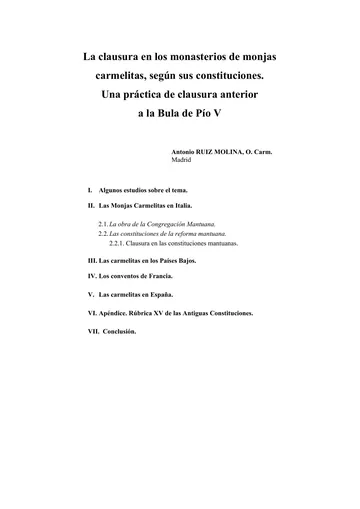 La clausura en los monasterios de monjas carmelitas, según sus constituciones: Una práctica de clausura anterior a la Bula de Pío V de Antonio Ruiz Molina, portada del libro