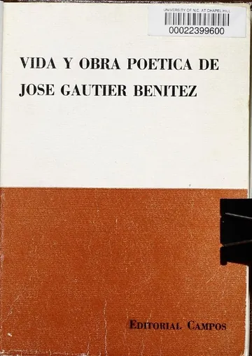 Vida y Obra Poetica de Jose Gautier Benitez de Jose Gautier Benitez, portada del libro