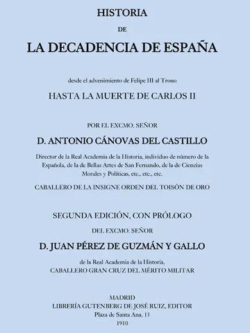 Historia de la decadencia de España de Antonio Cánovas del Castillo, portada del libro
