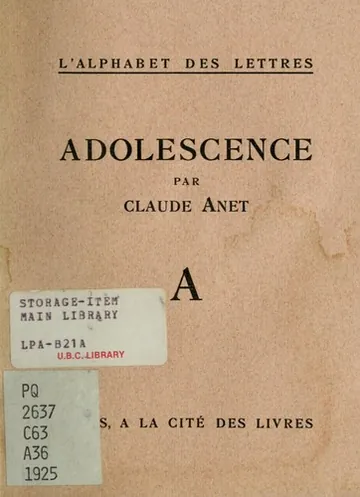 Adolescence de Claude Anet, couverture du livre