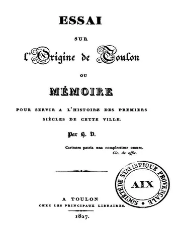 Essai sur l'origine de Toulon: Mémoire pour servir à l'origine de cette ville d’Henri Vidal, couverture du livre