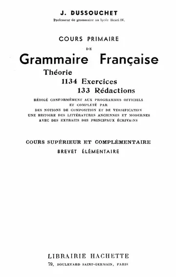 Cour primaire de Grammaire française de J. Dussouchet, couverture du livre
