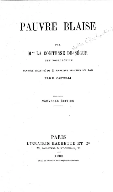 Pauvre Blaise de Sophie, comtesse de Ségur, couverture du livre