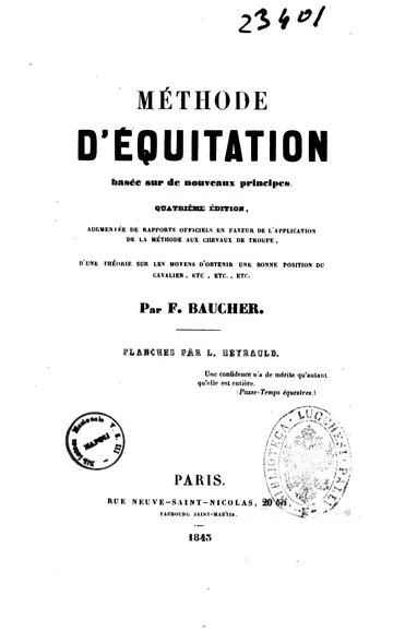 Méthode d'équitation basée sur de nouveaux principes de François Baucher, couverture du livre