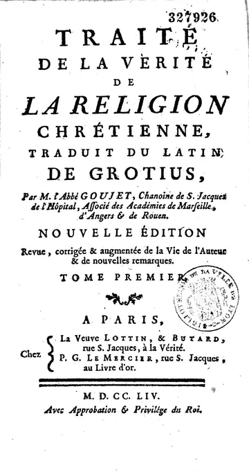 Traité de la Vérité de la Religion Chrétienne d’Hugo Grotius, couverture du livre