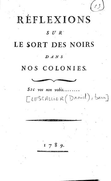 Réflexions sur le sort des Noirs dans nos colonies de Daniel, baron Lescallier, couverture du livre