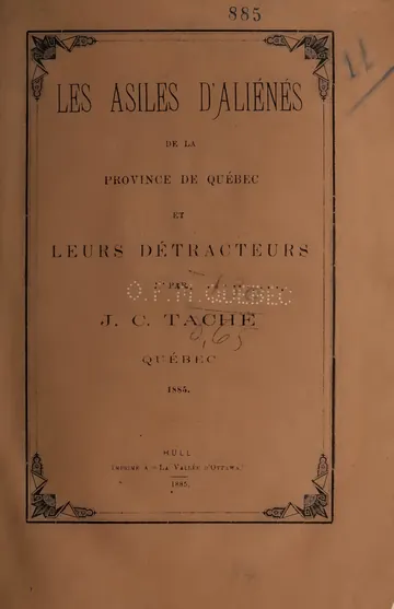 Les asiles d’aliénés de la province de Québec et leurs détracteurs de Joseph-Charles Taché, couverture du livre