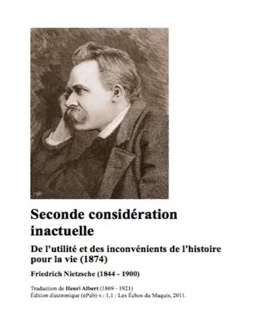 Seconde considération inactuelle (1874) de Nietzsche, couverture du livre