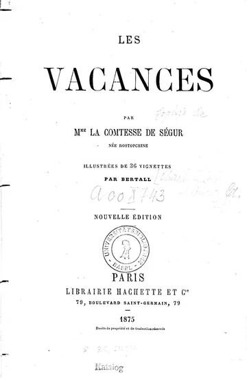 Les vacances de Sophie, comtesse de Ségur, couverture du livre