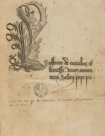 L'Ystoire de Eurialus et Lucresse, vrays amoureux, selon pape Pie de Pope Pius II, couverture du livre