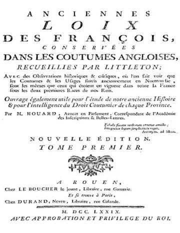 Anciennes loix des François, conservées dans les coutumes angloises, recueillies par Littleton, Vol. I de David Hoüard, couverture du livre