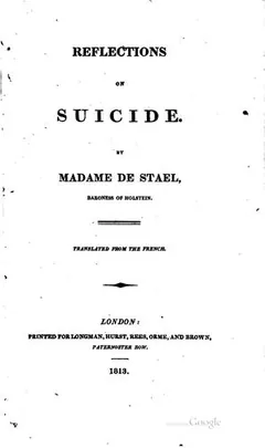 Réflexions sur le suicide de Madame de (Anne-Louise-Germaine) Staël, couverture du livre