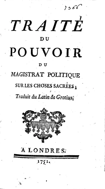 Traité du Pouvoir du Magistrat Politique sur les choses sacrées d’Hugo Grotius, couverture du livre