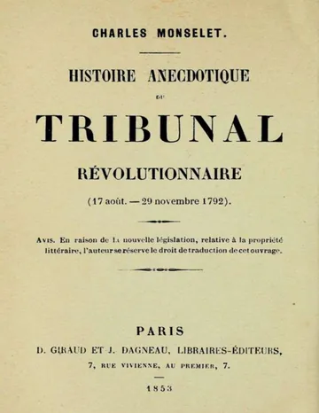 Histoire anecdotique du tribunal révolutionnaire de Charles Monselet, couverture du livre