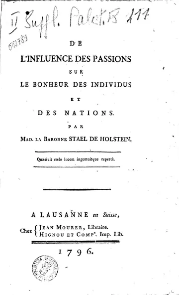 De l'influence des passions sur le bonheur des individus et des nations de Madame de (Anne-Louise-Germaine) Staël, couverture du livre