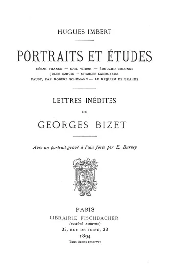 Portraits et études; Lettres inédites de Georges Bizet d’Hugues Imbert, couverture du livre