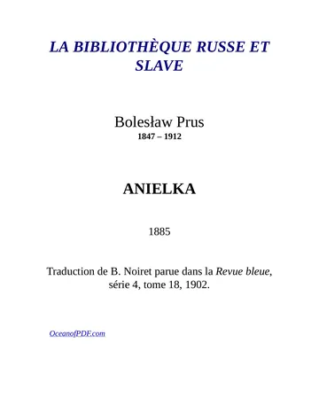 Anielka de Bolesław Prus, couverture du livre