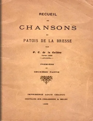 Recueil de chansons en patois de la Bresse de P.-C. de La Gelière, couverture du livre
