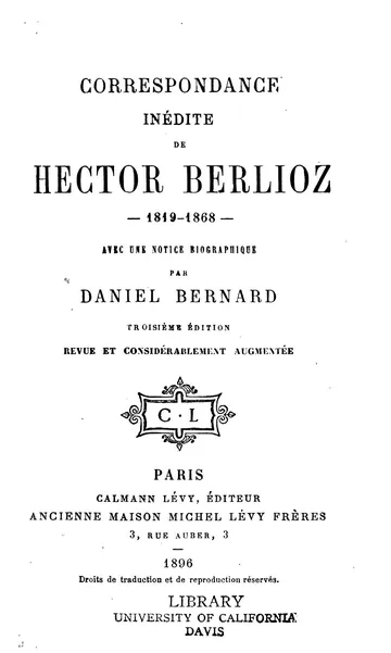 Correspondance inédite de Hector Berlioz, 1819-1868 d’Hector Berlioz, couverture du livre