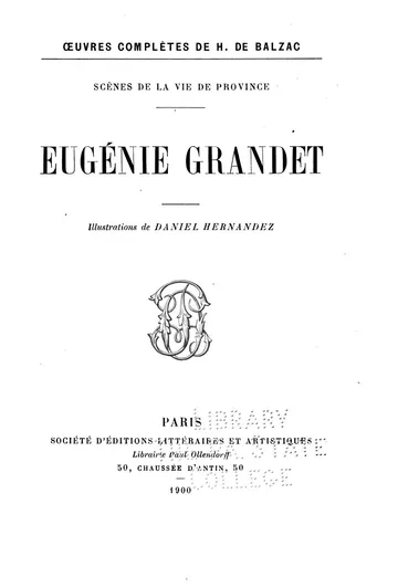 Eugénie Grandet d’Honoré de Balzac, couverture du livre