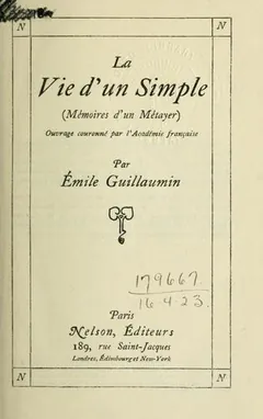 La Vie d'un Simple (Mémoires d'un Métayer) d’Émile Guillaumin, couverture du livre