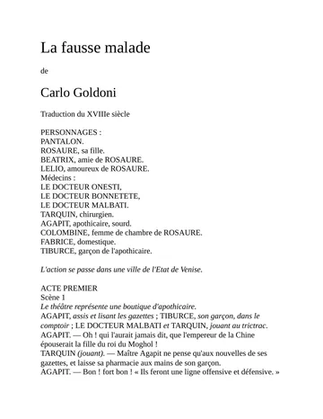 La fausse malade de Carlo Goldoni, couverture du livre