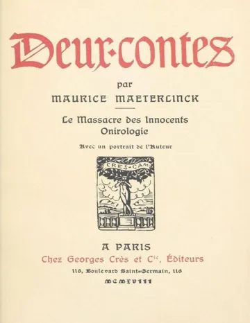 Deux contes: Le massacre des Innocents; Onirologie. de Maurice Maeterlinck, couverture du livre