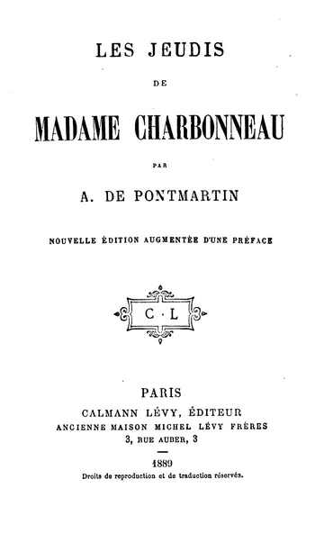 Les Jeudis de Madame Charbonneau d’Armand, comte de Pontmartin, couverture du livre