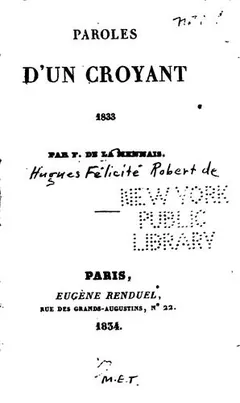 Paroles d'un croyant, 1833 de Félicité Robert de Lamennais, couverture du livre