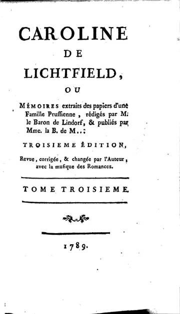 Caroline de Lichtfield ou Mémoires extraits des papiers d'une famille prussienne d’Isabelle de Montolieu, couverture du livre