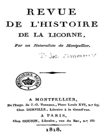 Revue de l'histoire de la Licorne, par un naturaliste de Montpellier de Pierre Joseph Amoreux, couverture du livre