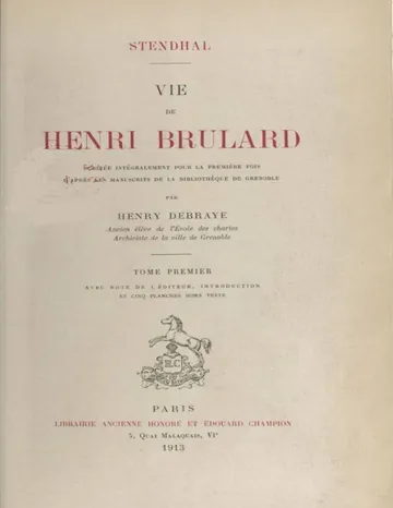 Vie de Henri Brulard, tome 1 de Stendhal, couverture du livre