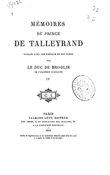 Mémoires du prince de Talleyrand, Volume 1 de Charles Maurice de, prince de Bénévent Talleyrand-Périgord, couverture du livre