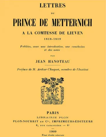 Lettres du prince de Metternich à la comtesse de Lieven, 1818-1819 de Fürst von Clemens Wenzel Lothar Metternich, couverture du livre