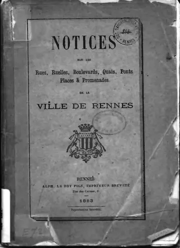 Notices sur les rues de Rennes 1883 de Lucien Decombe, couverture du livre