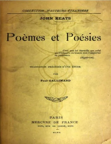 Poèmes et Poésies / Traduction précédée d'une étude par Paul Gallimard de John Keats, couverture du livre