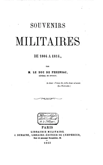 Souvenirs militaires de 1804 à 1814 de Raymond-Aymery-Philippe-Joseph de Montesquiou, duc de Fezensac, couverture du livre