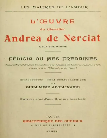L'oeuvre du chevalier Andrea de Nerciat (2/2) / Félicia ou mes fredaines d’Andréa de Nerciat, couverture du livre