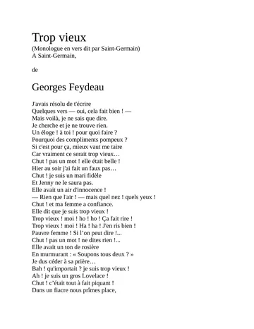 Trop vieux de Greorges Feydeau, couverture du livre