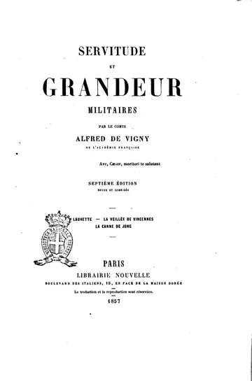 Servitude et grandeur militaires d’Alfred de Vigny, couverture du livre