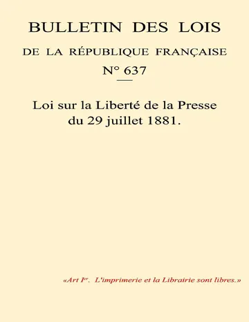 Loi du 29 juillet 1881 sur la Liberté de la Presse d’Unknown, couverture du livre