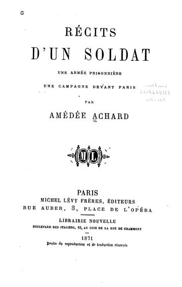 Récits d'un soldat: Une armée prisonnière; Une campagne devant Paris d’Amédée Achard, couverture du livre