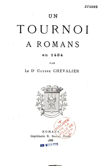 Un tournoi à Romans en 1484 d’Ulysse Chevalier, couverture du livre